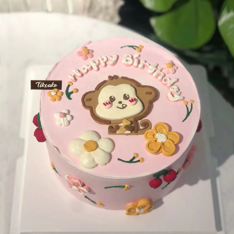 十二生肖粉色款猴主题手绘鲜奶蛋糕