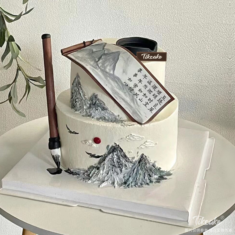 国风山水画主题双层翻糖蛋糕
