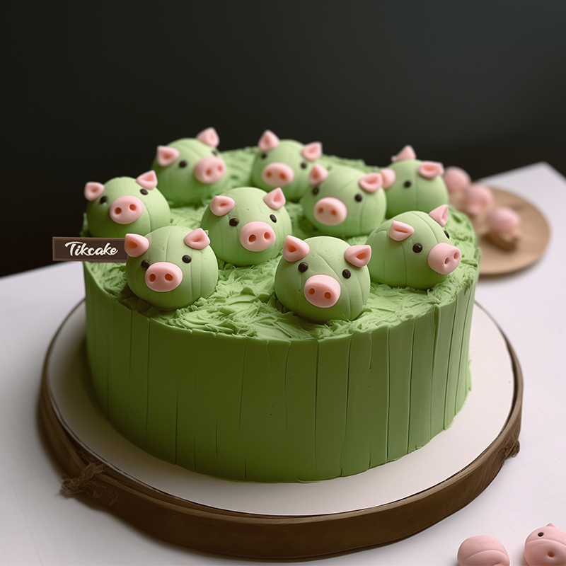 原创可爱小猪主题翻糖鲜奶蛋糕