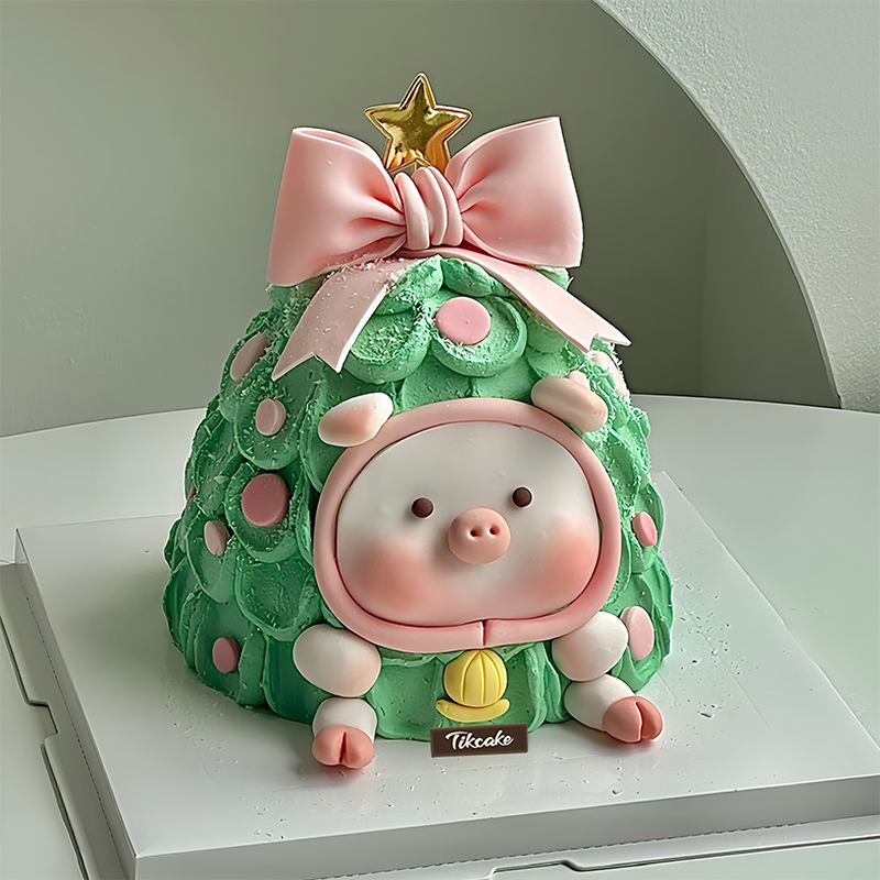 圣诞风Lulu猪主题翻糖鲜奶蛋糕
