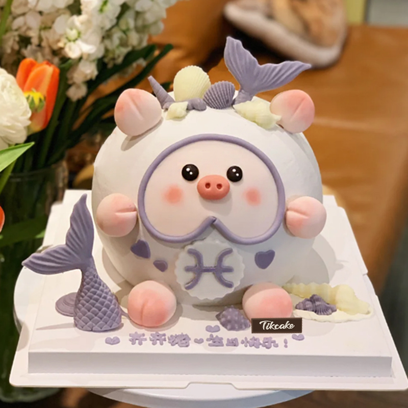 双鱼座lulu猪主题翻糖鲜奶蛋糕（2.19-3.20）