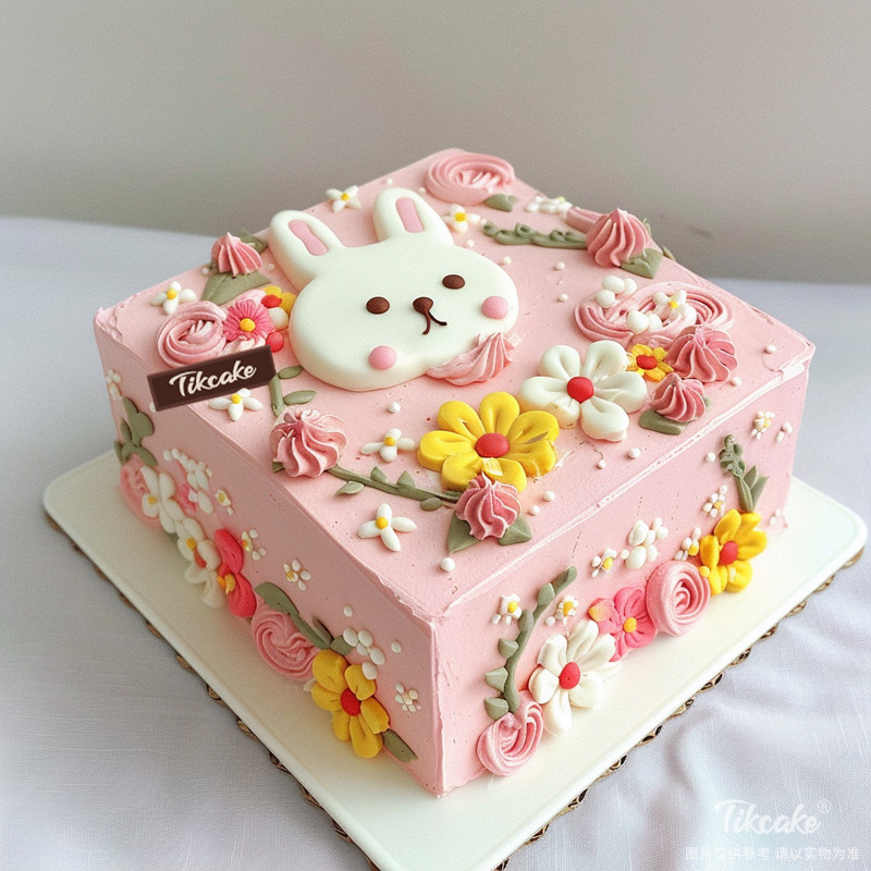 原创小兔子主题方形翻糖鲜奶蛋糕
