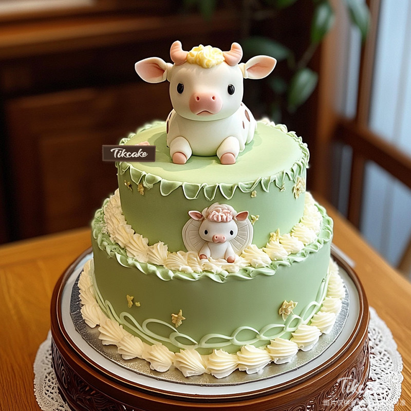原创十二生肖牛主题双层翻糖鲜奶蛋糕