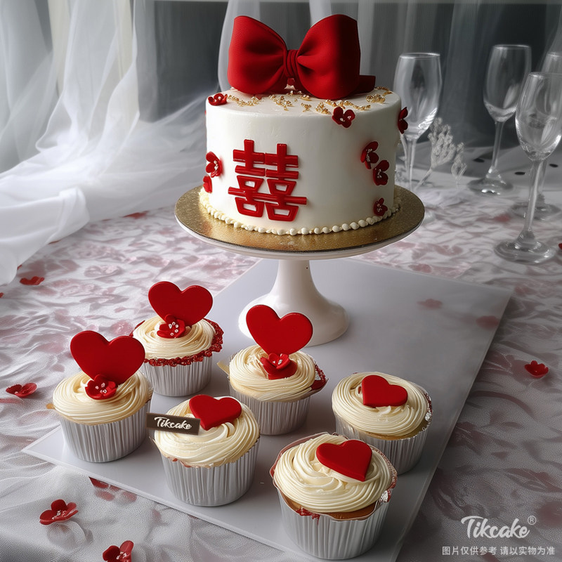 原创婚庆主题翻糖鲜奶蛋糕（含6个纸杯蛋糕）