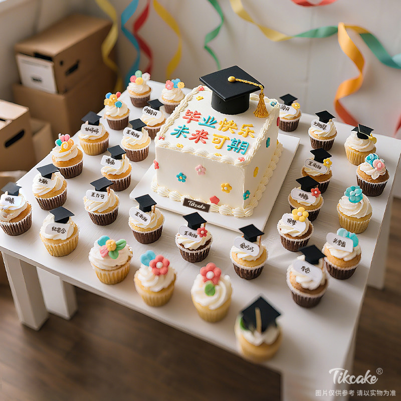 原创毕业主题翻糖鲜奶蛋糕十（含29个纸杯蛋糕）
