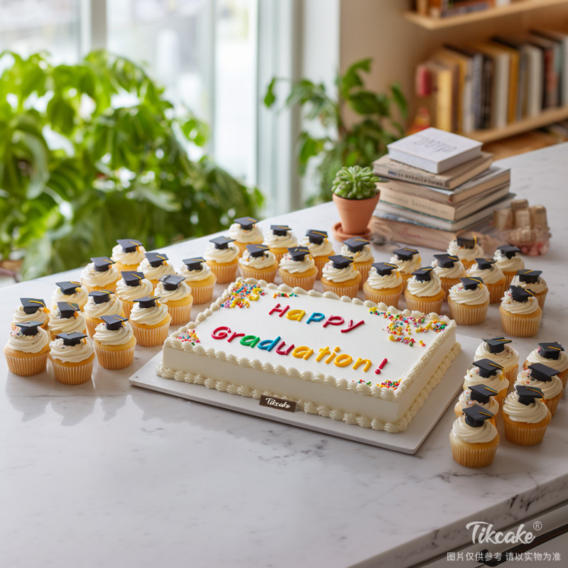 原创毕业主题方形翻糖鲜奶蛋糕（含39个纸杯蛋糕）
