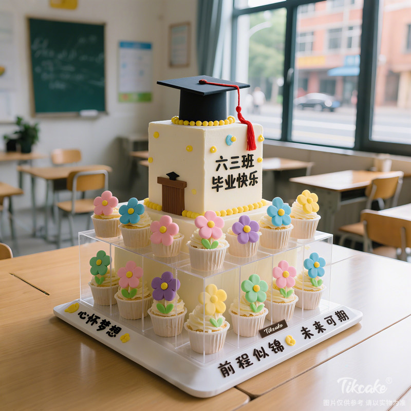 原创毕业主题方形翻糖鲜奶蛋糕（含14个纸杯蛋糕）