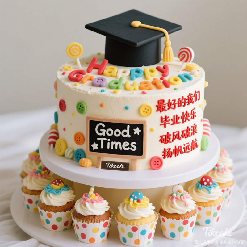 原创毕业主题翻糖鲜奶蛋糕（含9个纸杯蛋糕）