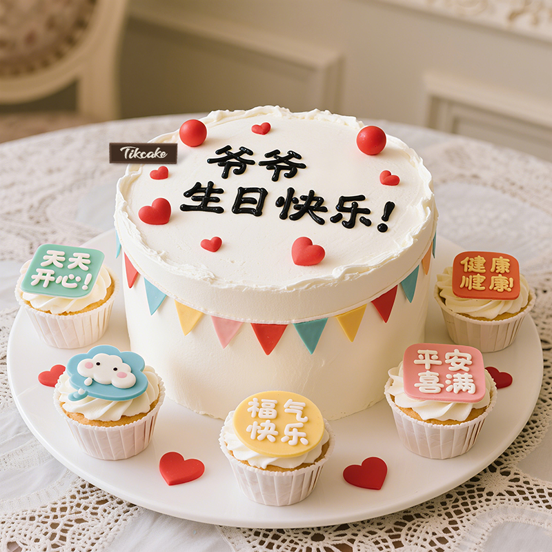 原创祝寿主题翻糖鲜奶蛋糕（含5个纸杯蛋糕）