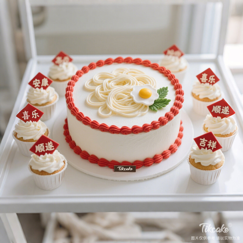 原创祝寿主题翻糖鲜奶蛋糕（含8个纸杯蛋糕）