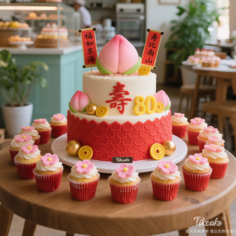 原创祝寿主题双层鲜奶蛋糕（含14个纸杯蛋糕）