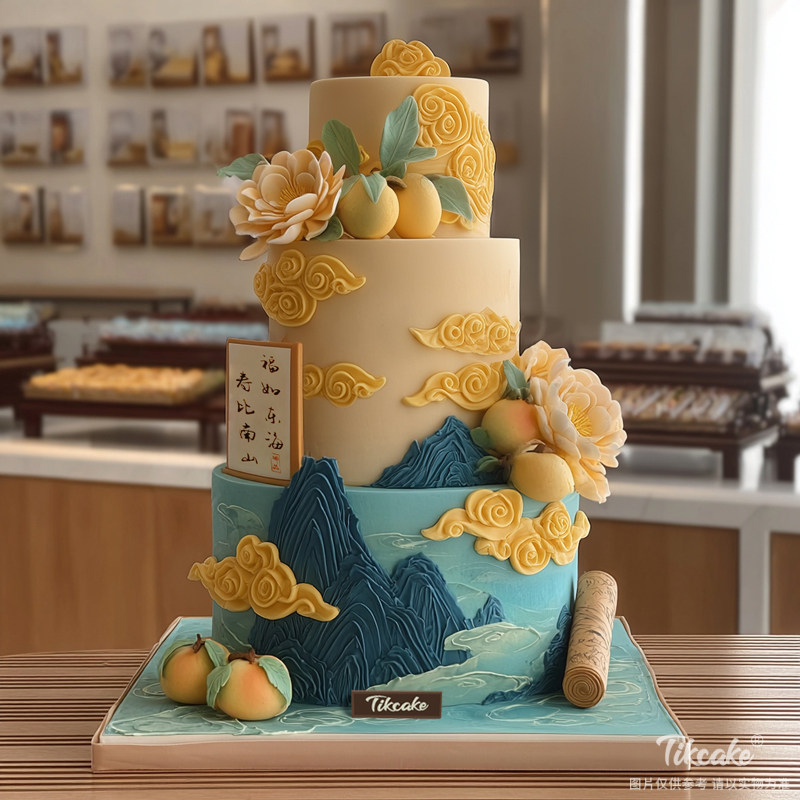 原创祝寿主题三层翻糖鲜奶蛋糕